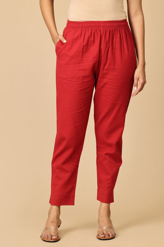 Maroon Cotton Trouser Fit with Drawstring Cigarette Pant