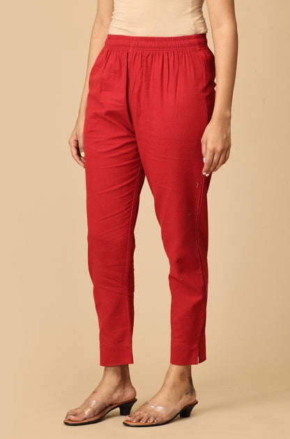 Maroon Cotton Trouser Fit with Drawstring Cigarette Pant