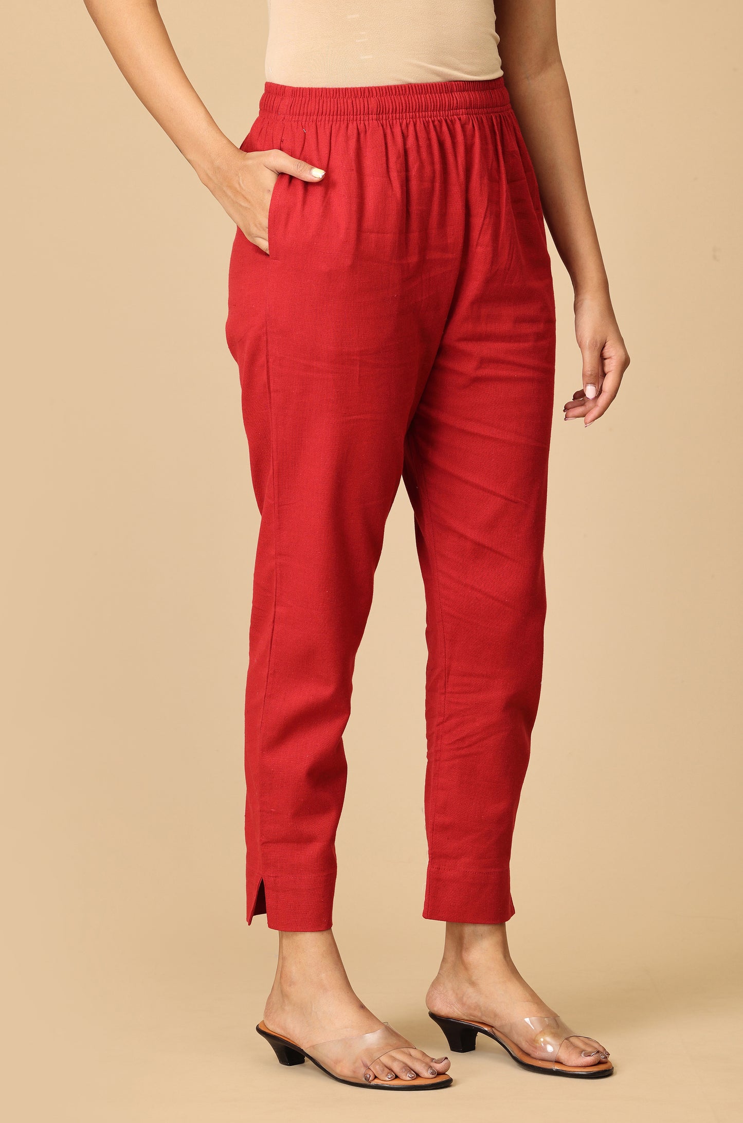 Maroon Cotton Trouser Fit with Drawstring Cigarette Pant