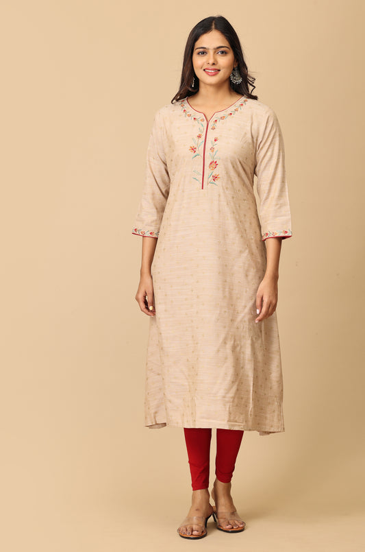 Beige Print with Embroidery Kurti