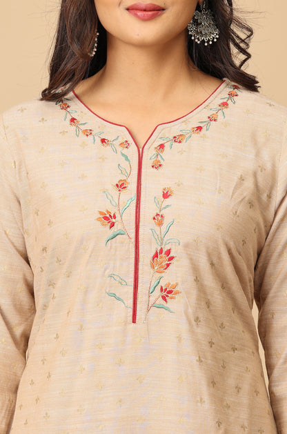 Beige Print with Embroidery Kurti