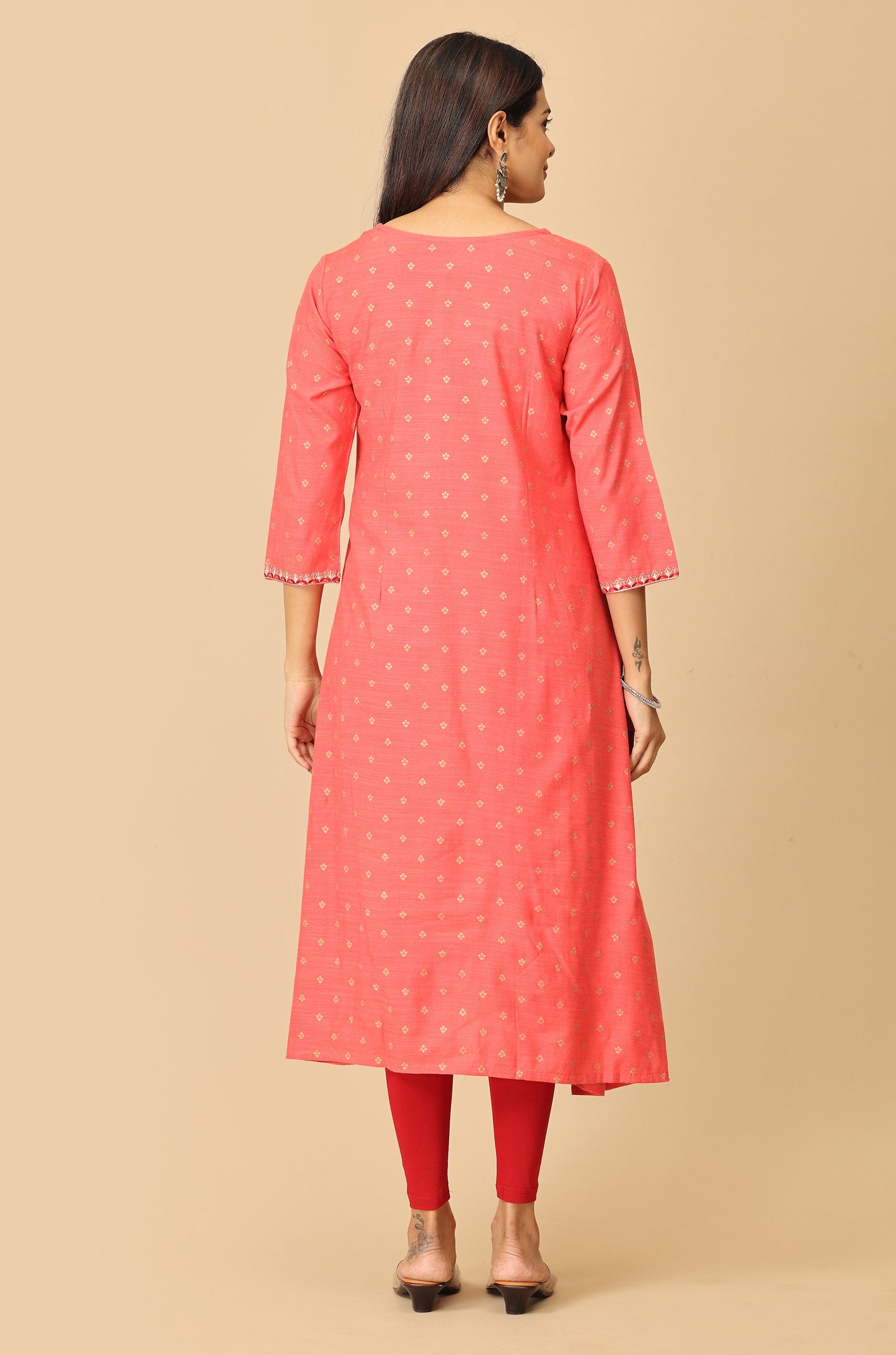 Coral Gold Print with Embroidery Kurti