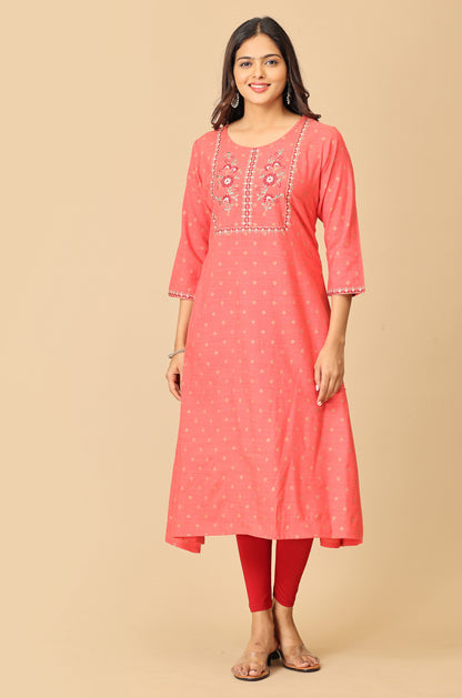 Coral Gold Print with Embroidery Kurti