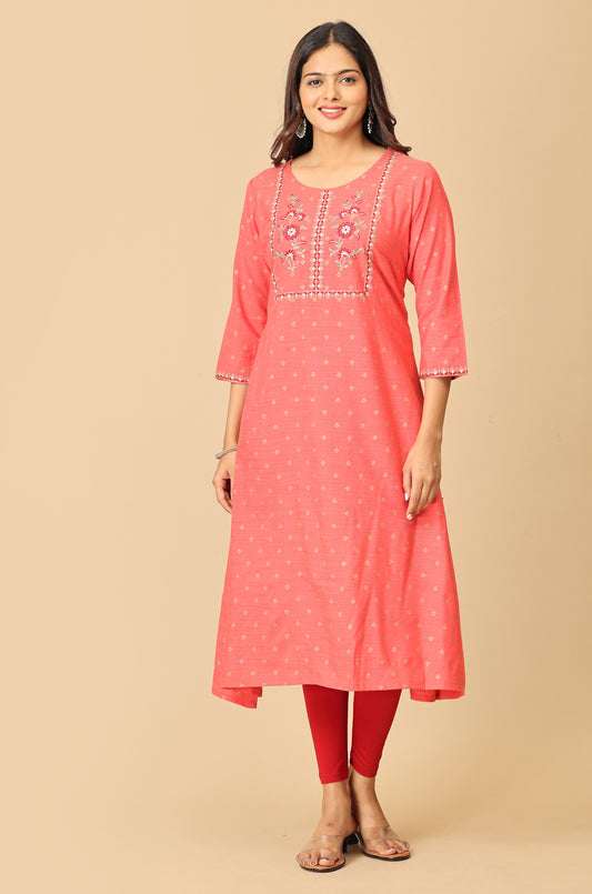 Coral Gold Print with Embroidery Kurti