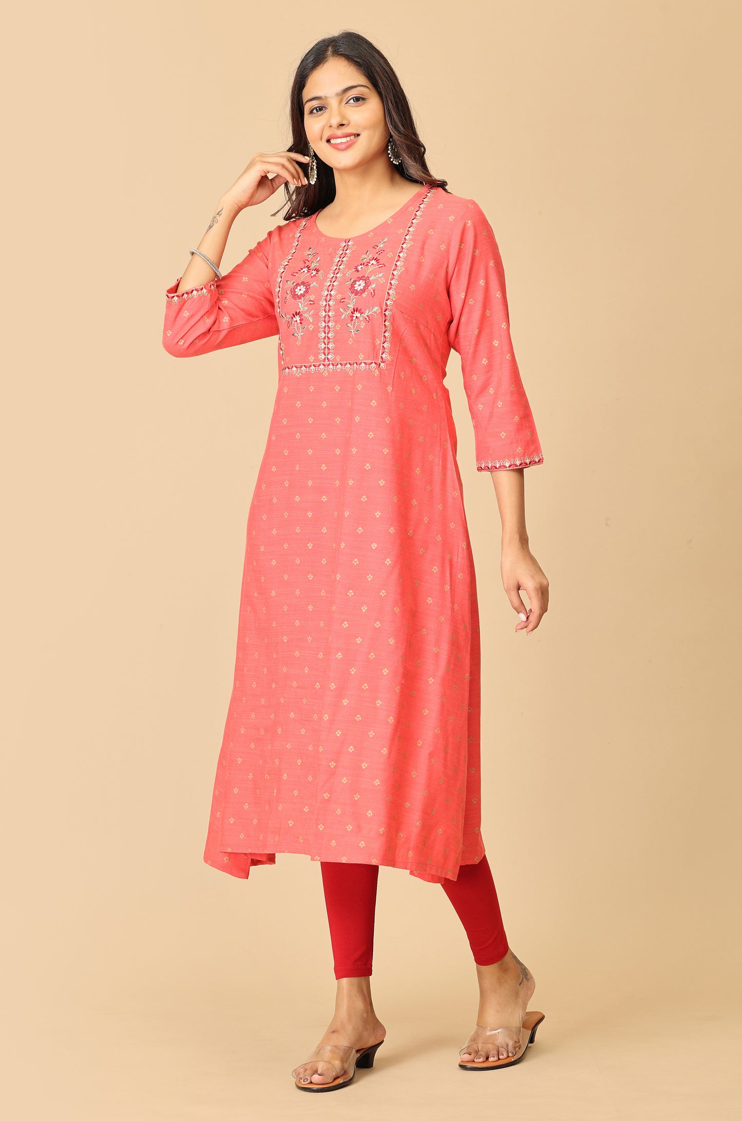 Coral Gold Print with Embroidery Kurti