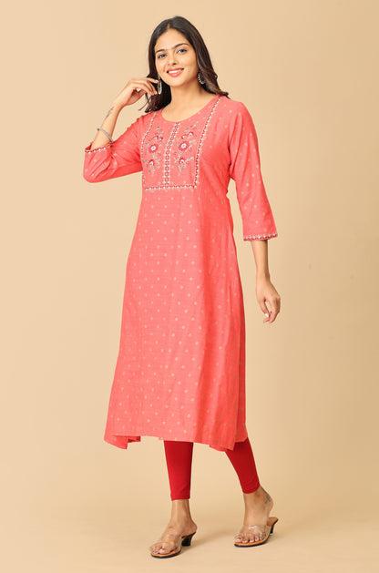 Coral Gold Print with Embroidery Kurti
