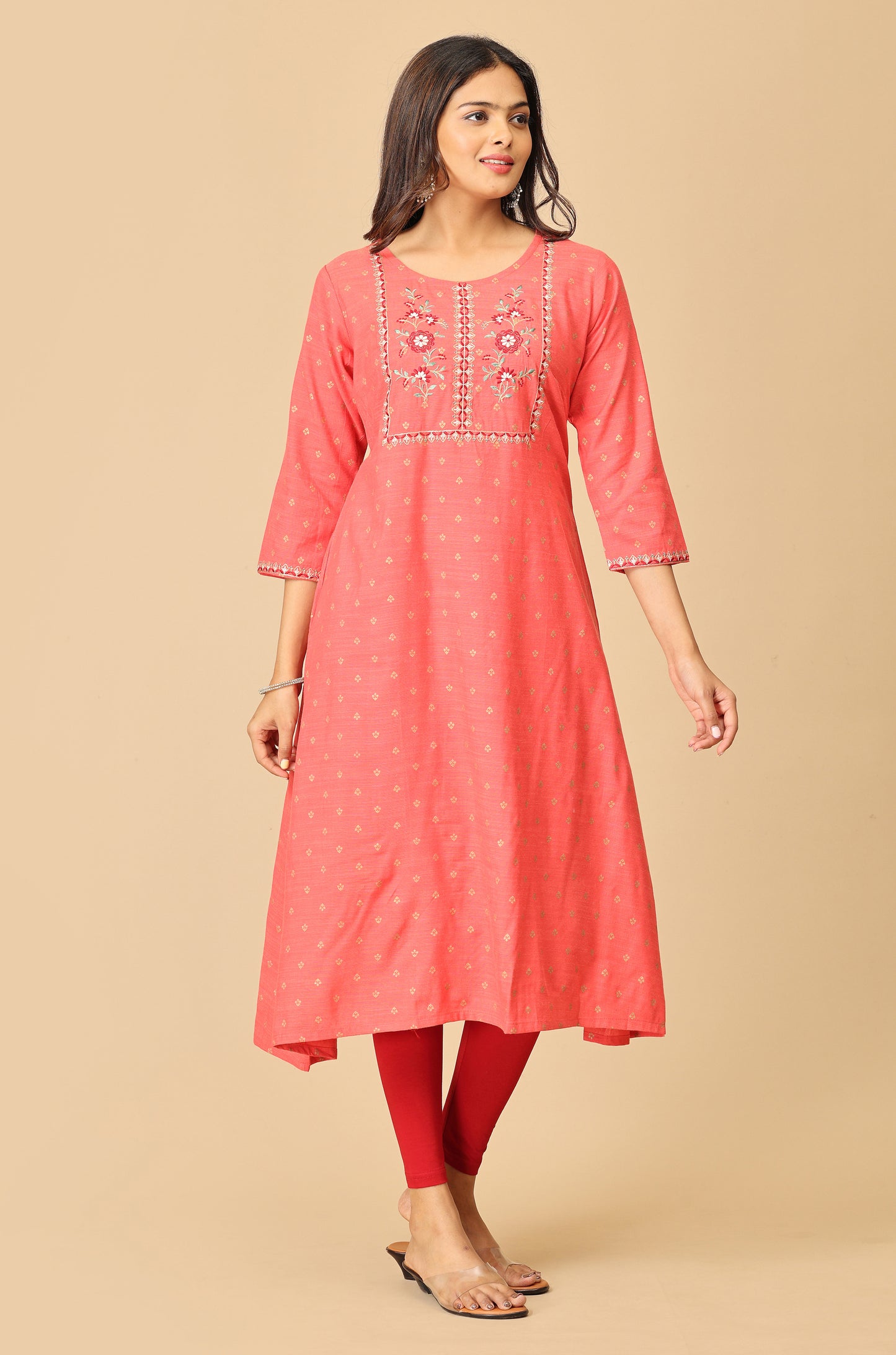Coral Gold Print with Embroidery Kurti