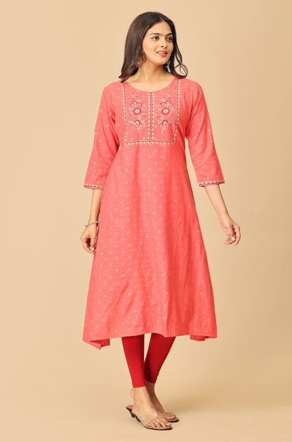 Coral Gold Print with Embroidery Kurti