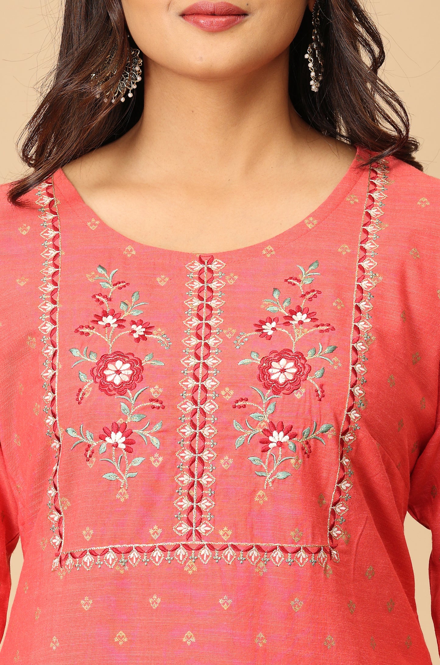Coral Gold Print with Embroidery Kurti