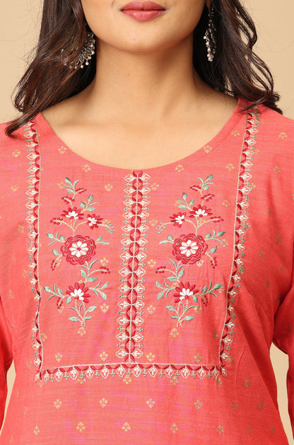 Coral Gold Print with Embroidery Kurti