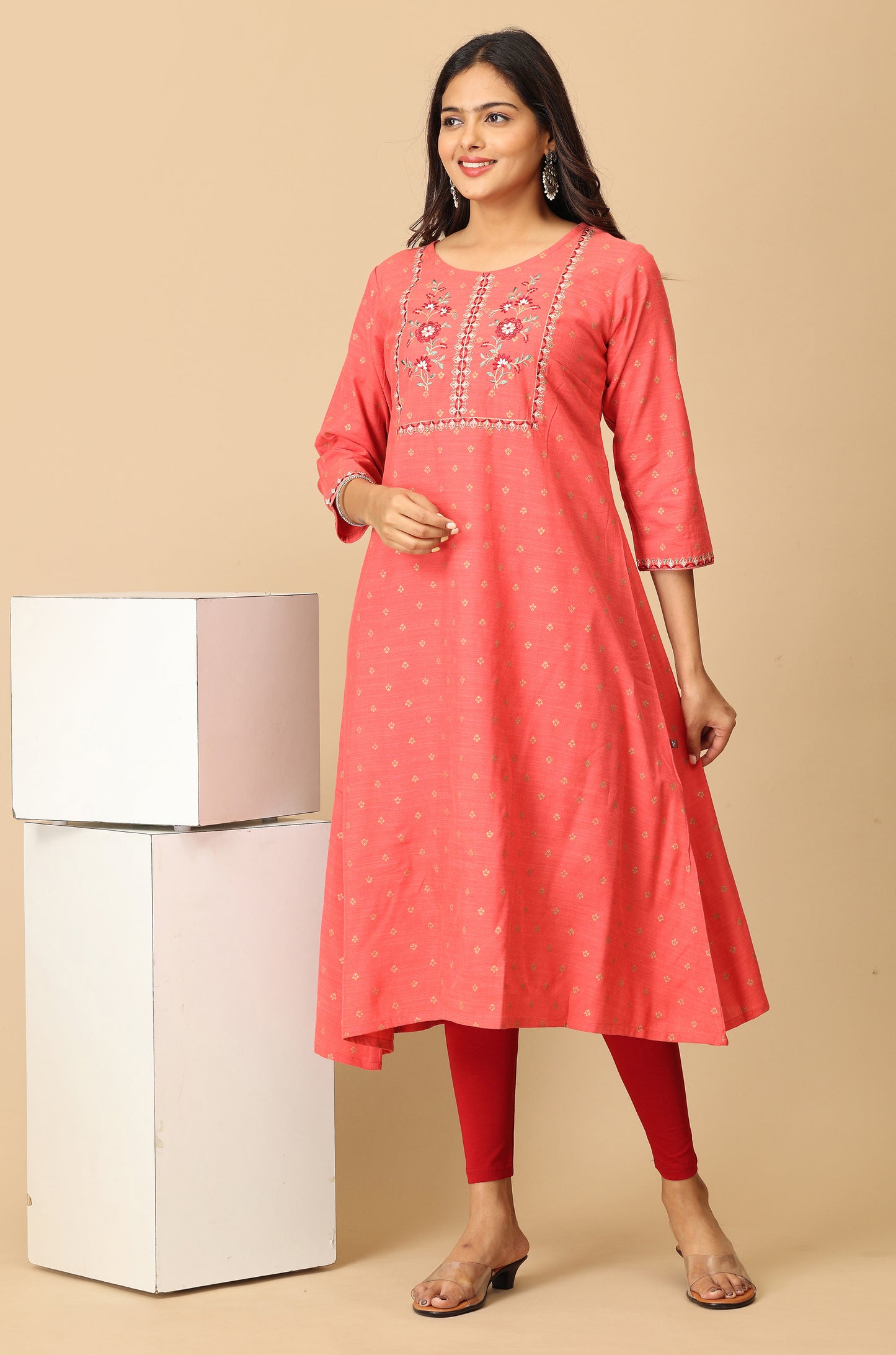 Coral Gold Print with Embroidery Kurti