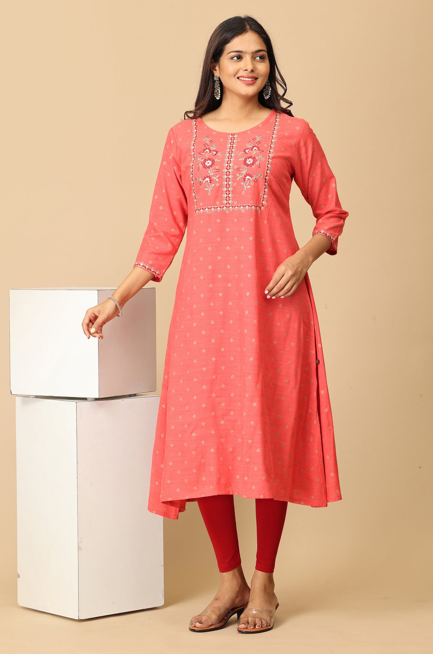Coral Gold Print with Embroidery Kurti