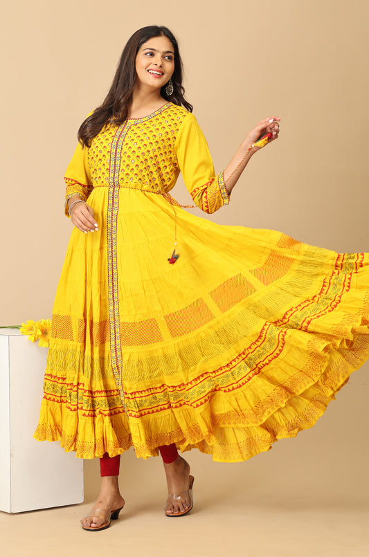 Yellow Printed Cotton Frills with Pleated Anarkali