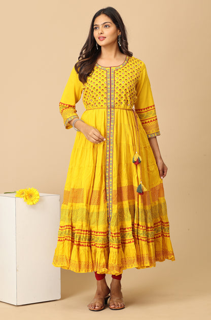 Yellow Printed Cotton Frills with Pleated Anarkali