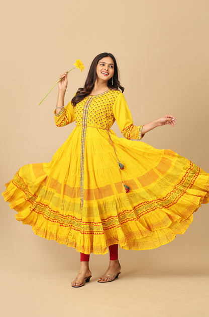 Yellow Printed Cotton Frills with Pleated Anarkali
