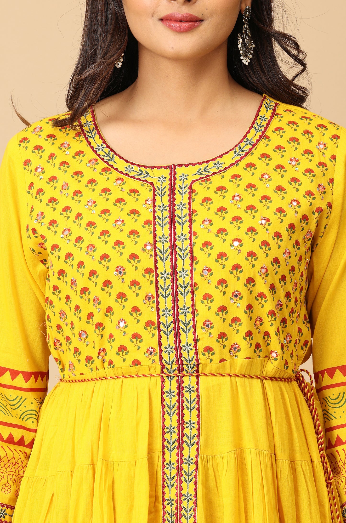 Yellow Printed Cotton Frills with Pleated Anarkali