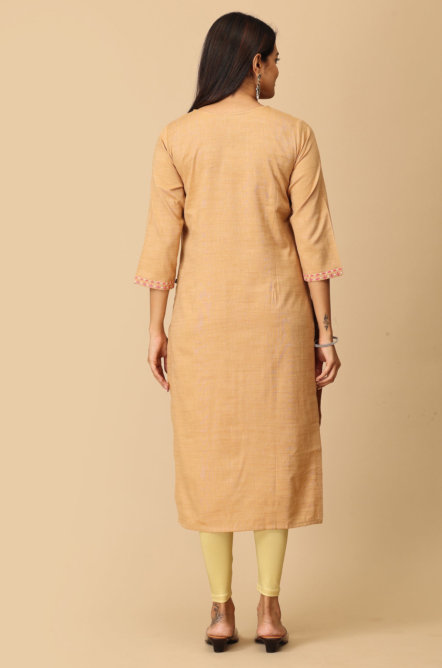 Beige Rayon Slub Embroidery Kurti