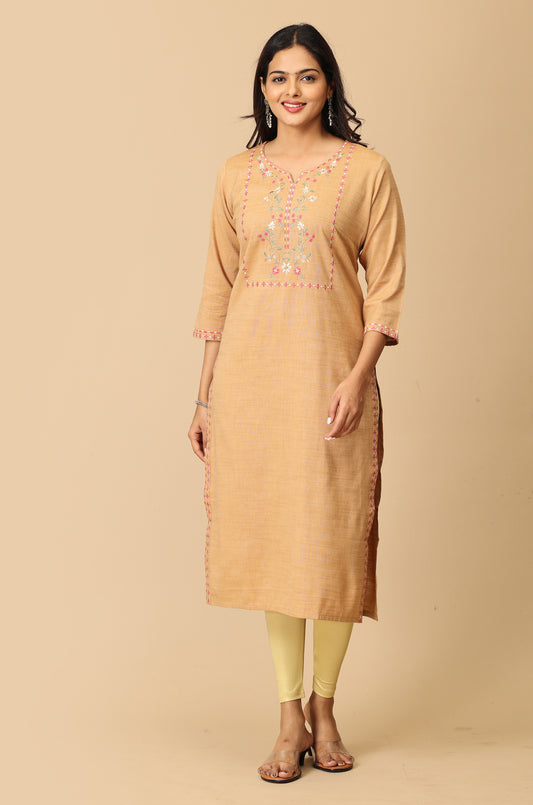 Beige Rayon Slub Embroidery Kurti