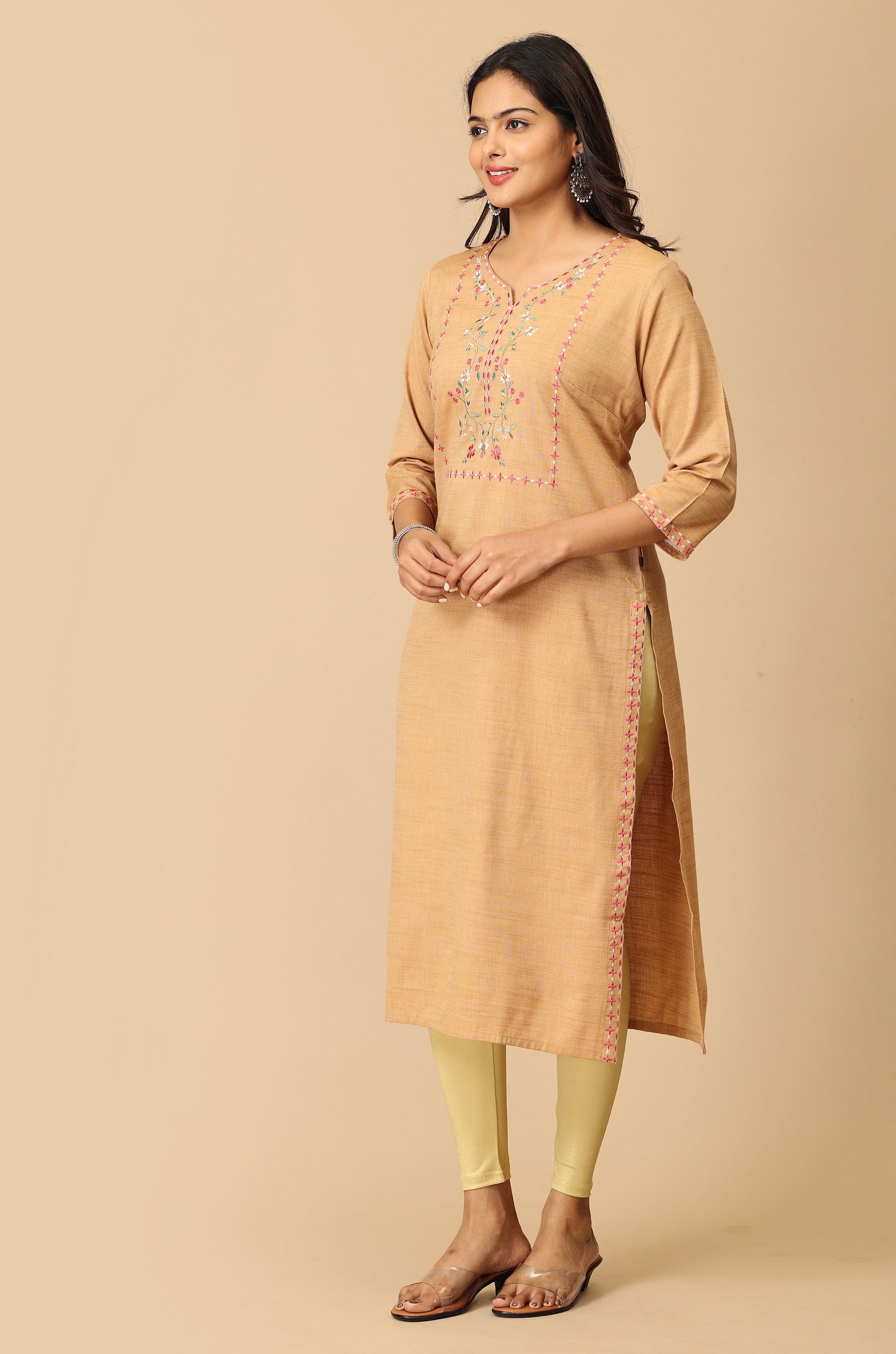 Beige Rayon Slub Embroidery Kurti