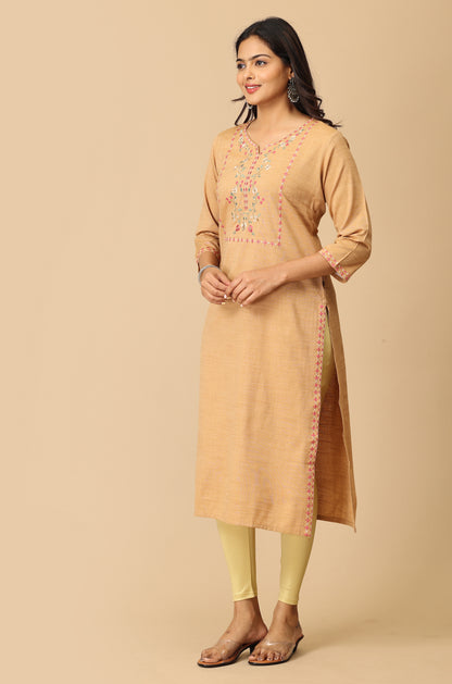 Beige Rayon Slub Embroidery Kurti