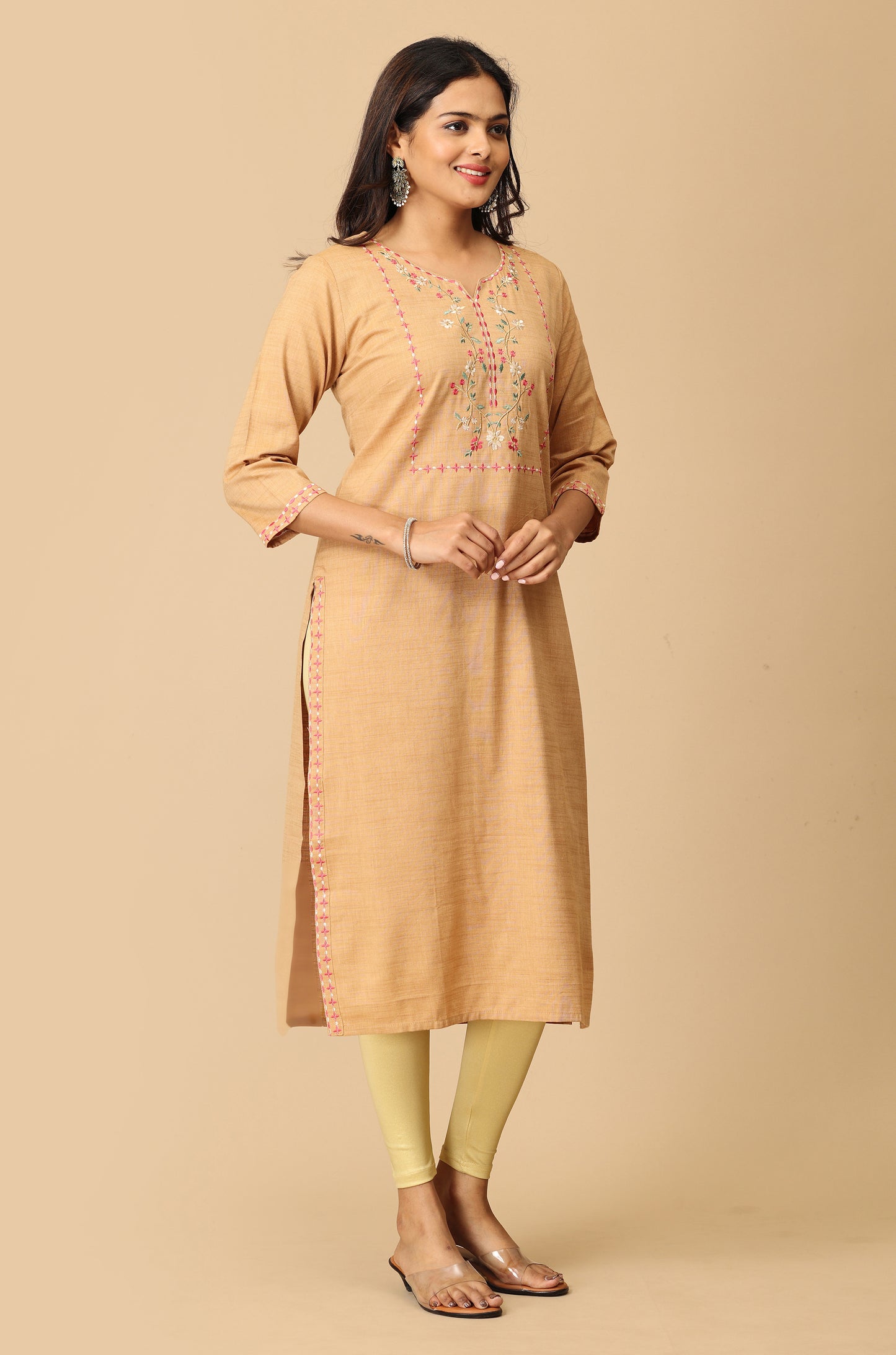 Beige Rayon Slub Embroidery Kurti