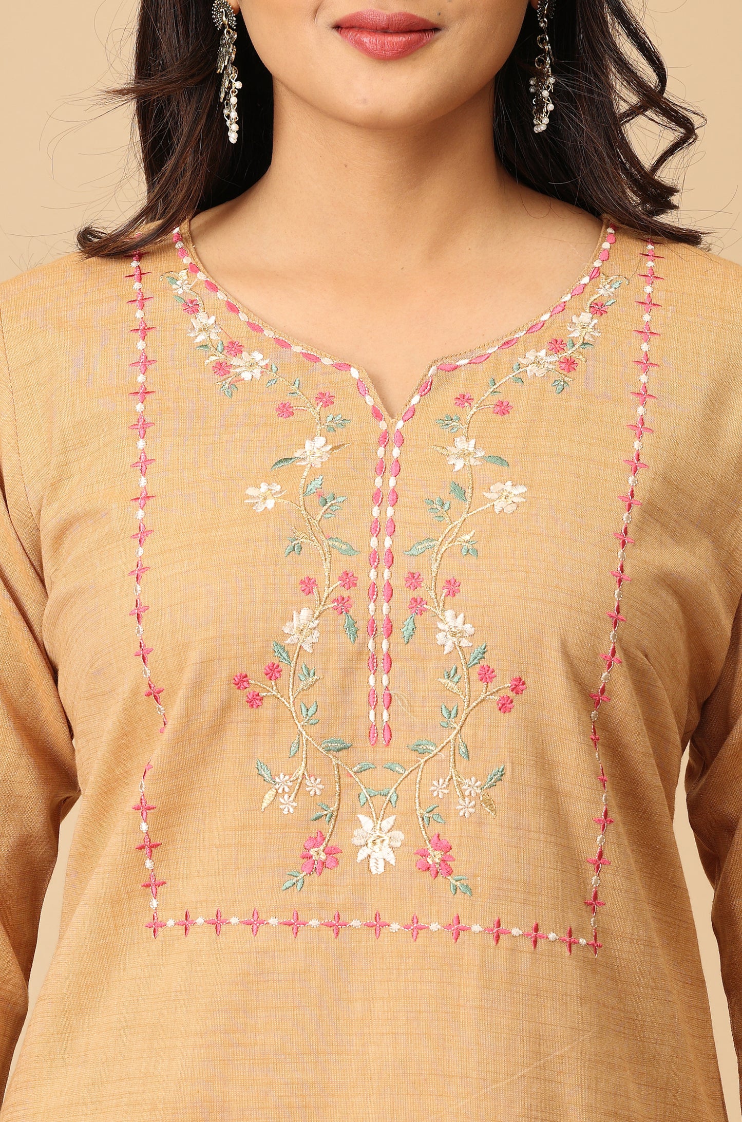 Beige Rayon Slub Embroidery Kurti