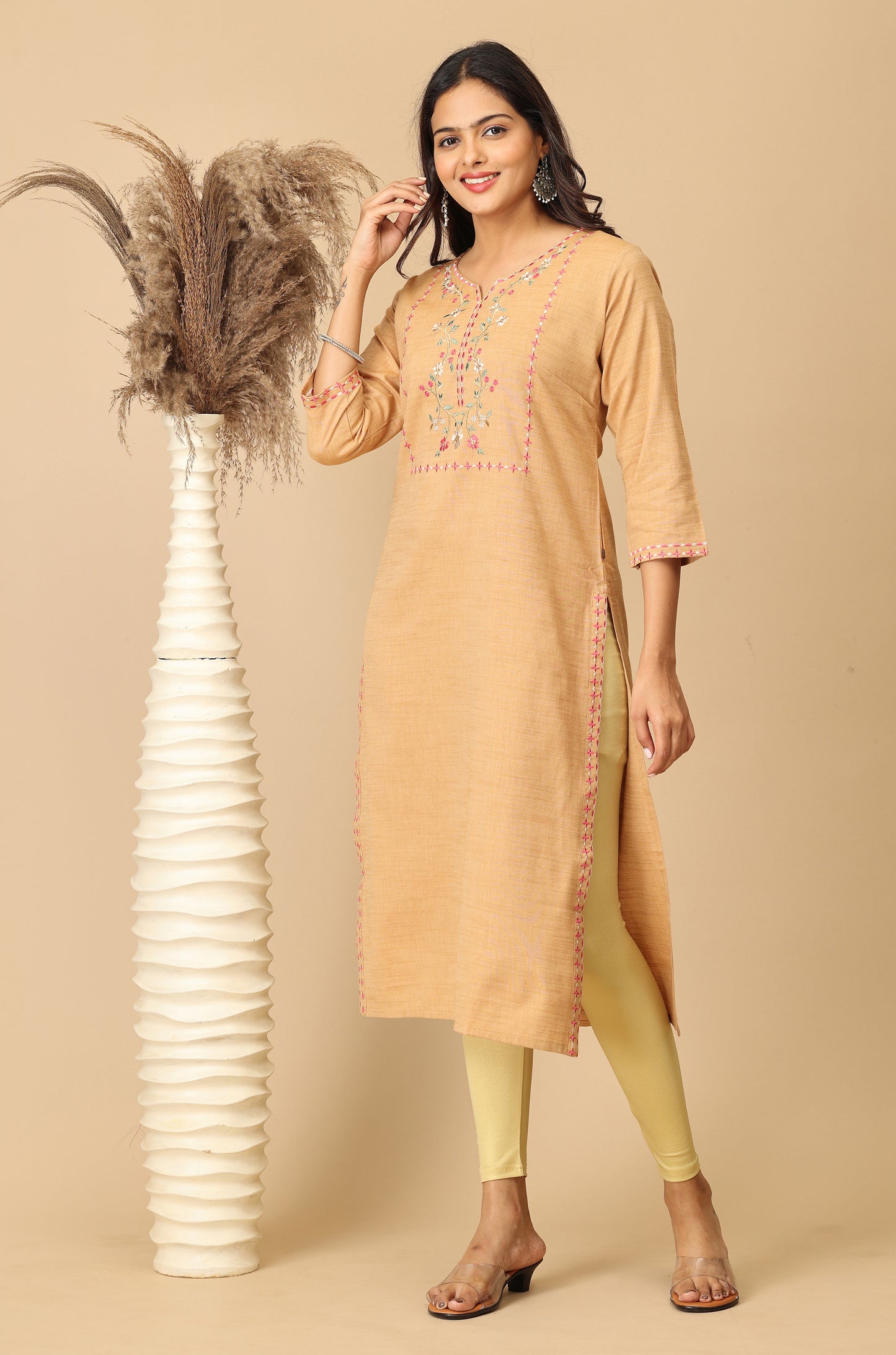 Beige Rayon Slub Embroidery Kurti