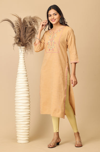 Beige Rayon Slub Embroidery Kurti