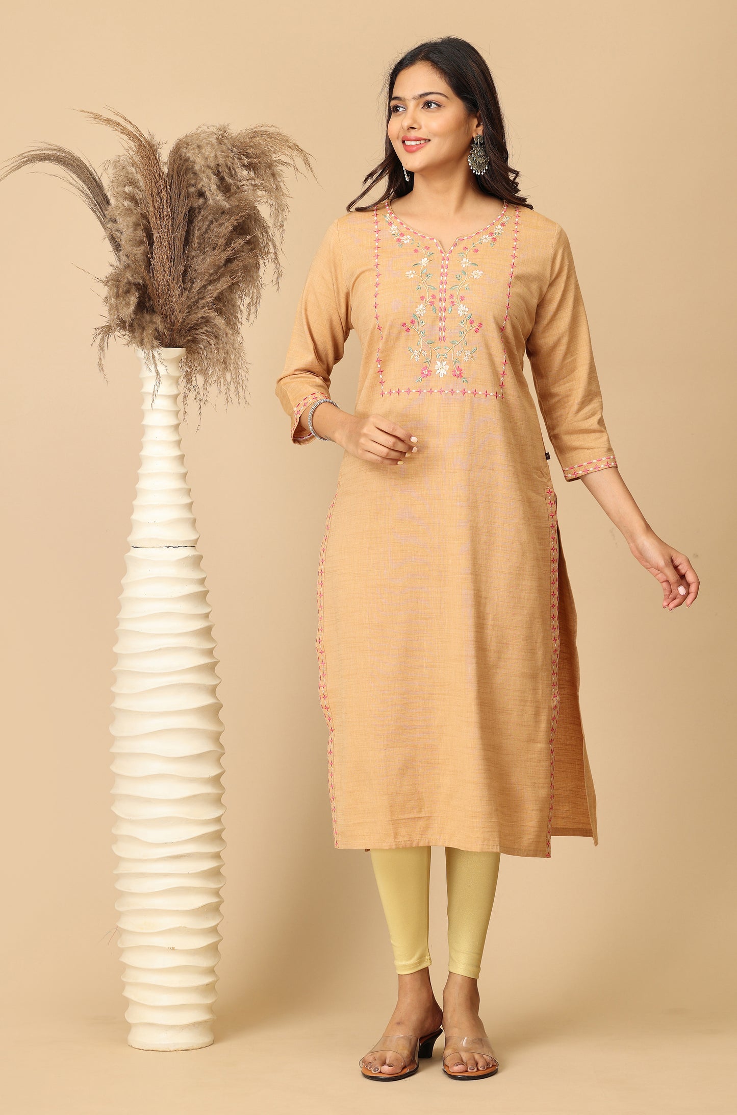 Beige Rayon Slub Embroidery Kurti