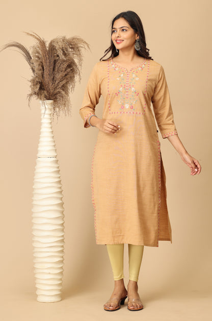 Beige Rayon Slub Embroidery Kurti