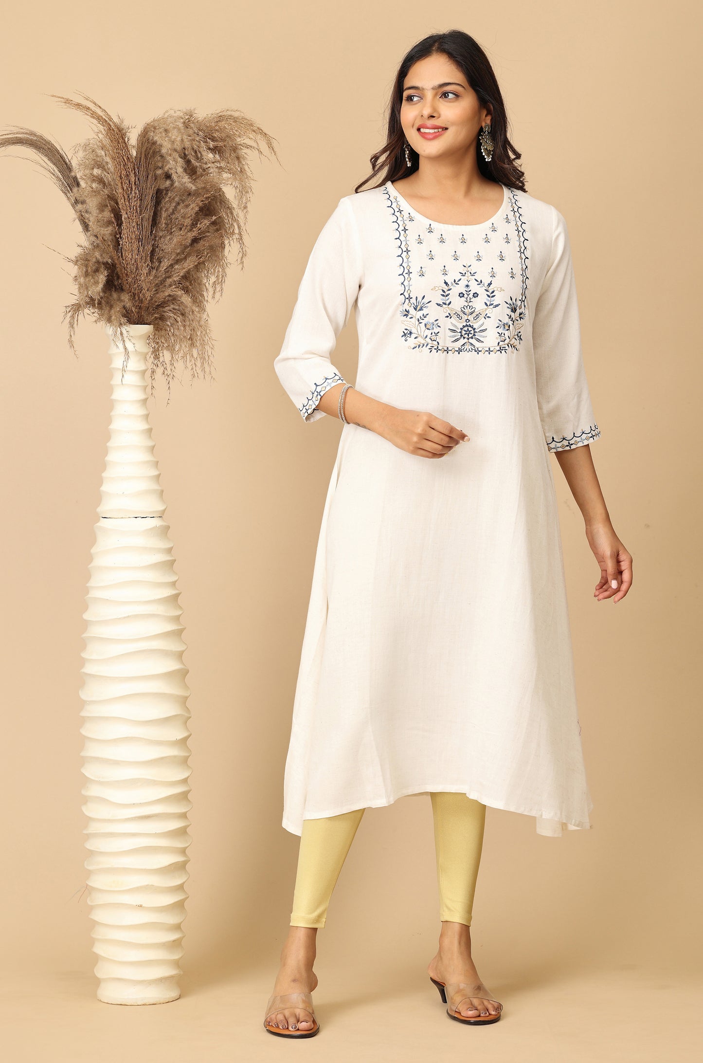 Off-White Viscose Embroidery Kurti