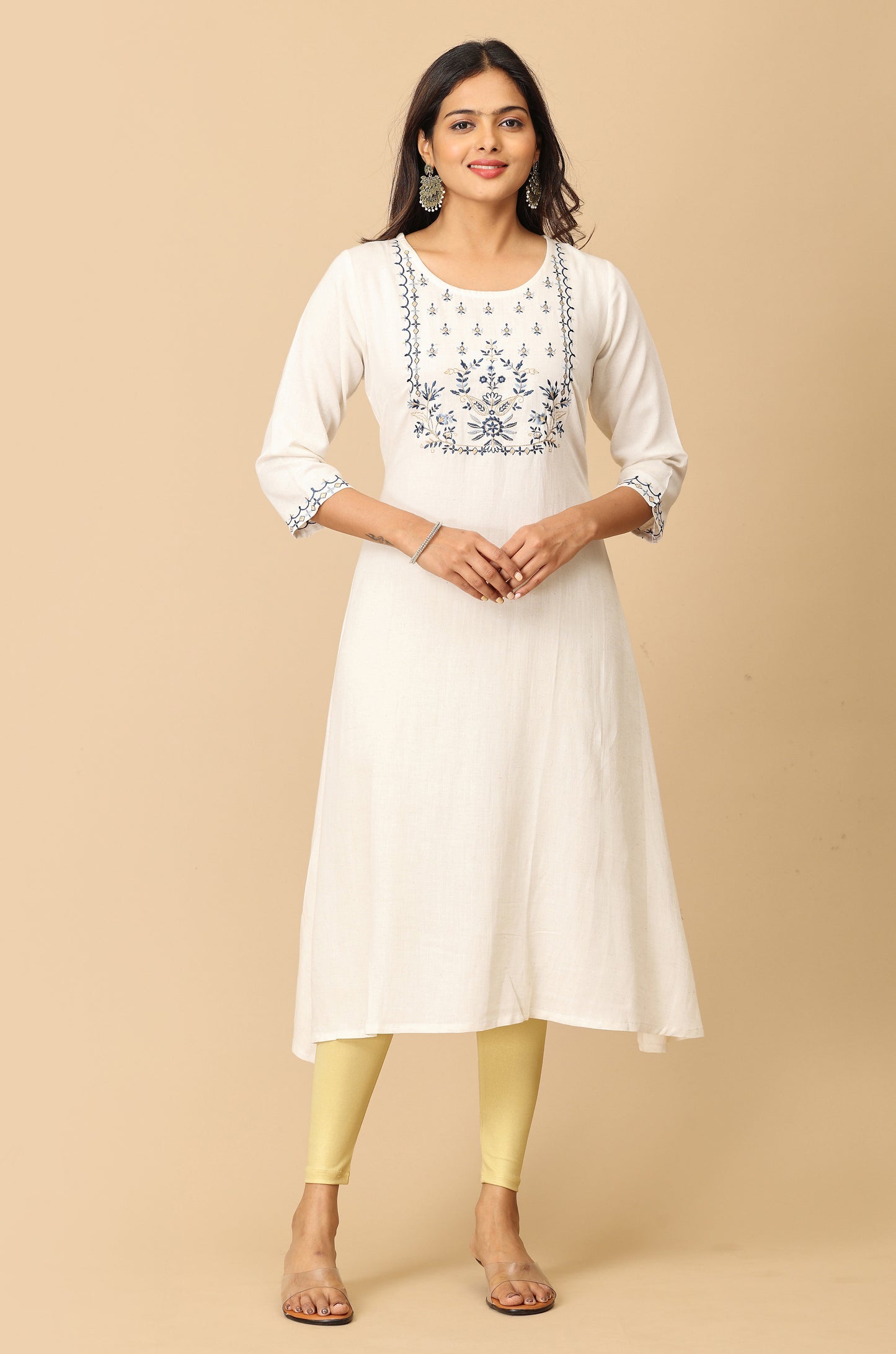 Off-White Viscose Embroidery Kurti