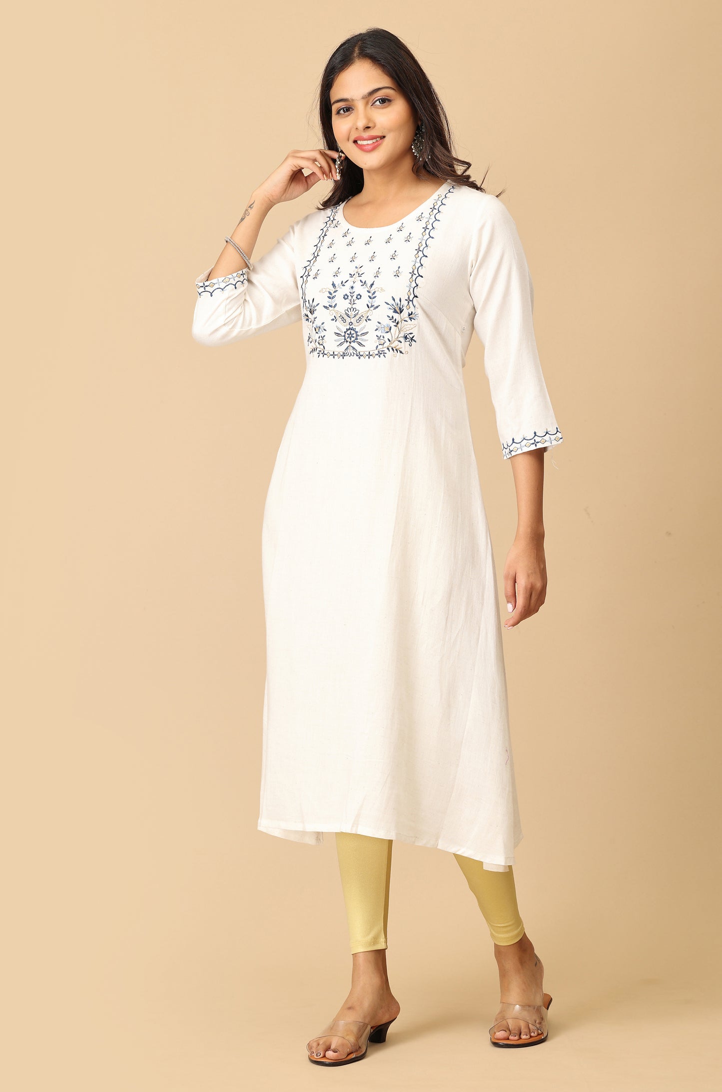 Off-White Viscose Embroidery Kurti