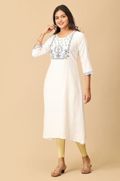 Off-White Viscose Embroidery Kurti