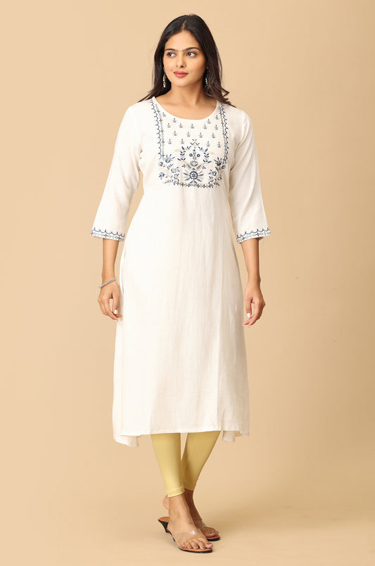 Off-White Viscose Embroidery Kurti