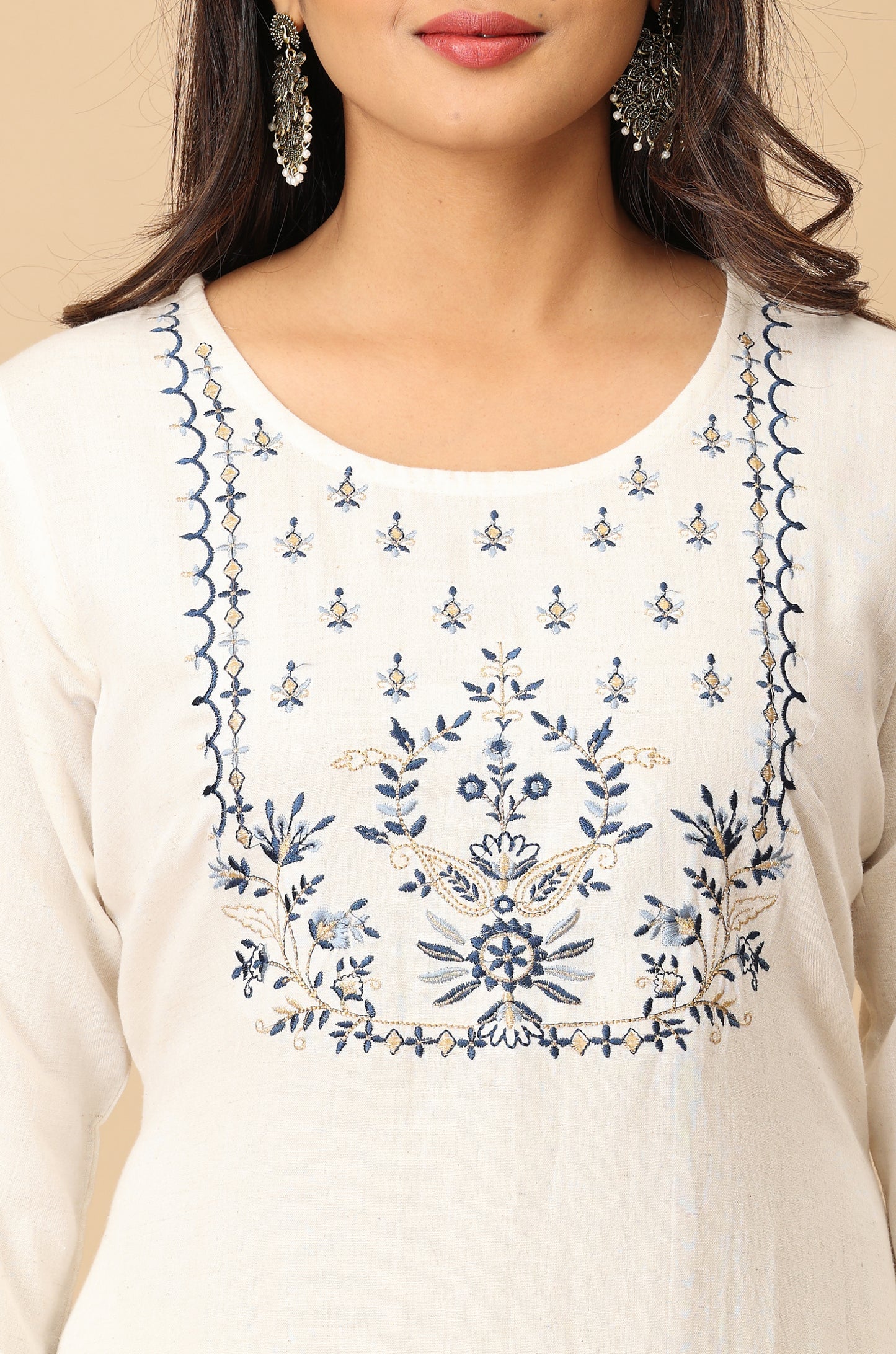 Off-White Viscose Embroidery Kurti
