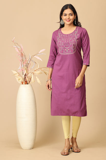 Purple BB Cotton Embroidery Kurti