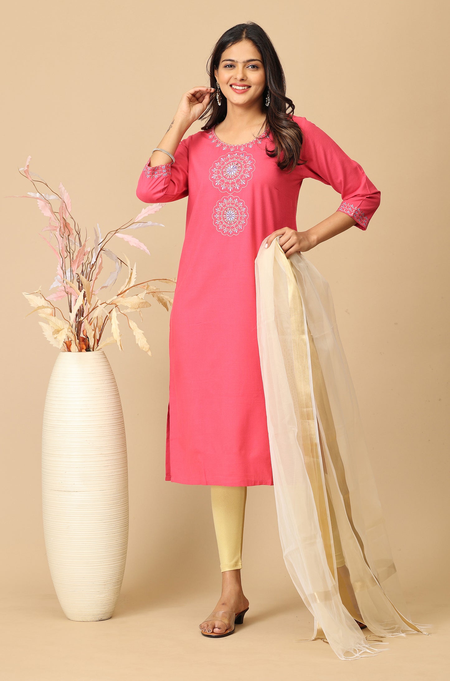 Pink Rayon Slub Embroidery Kurti