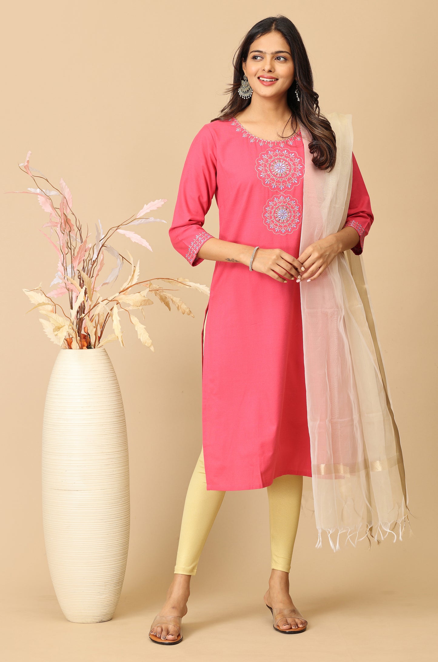 Pink Rayon Slub Embroidery Kurti