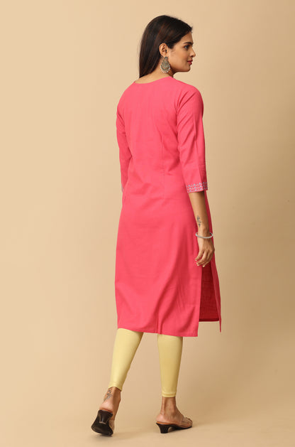 Pink Rayon Slub Embroidery Kurti