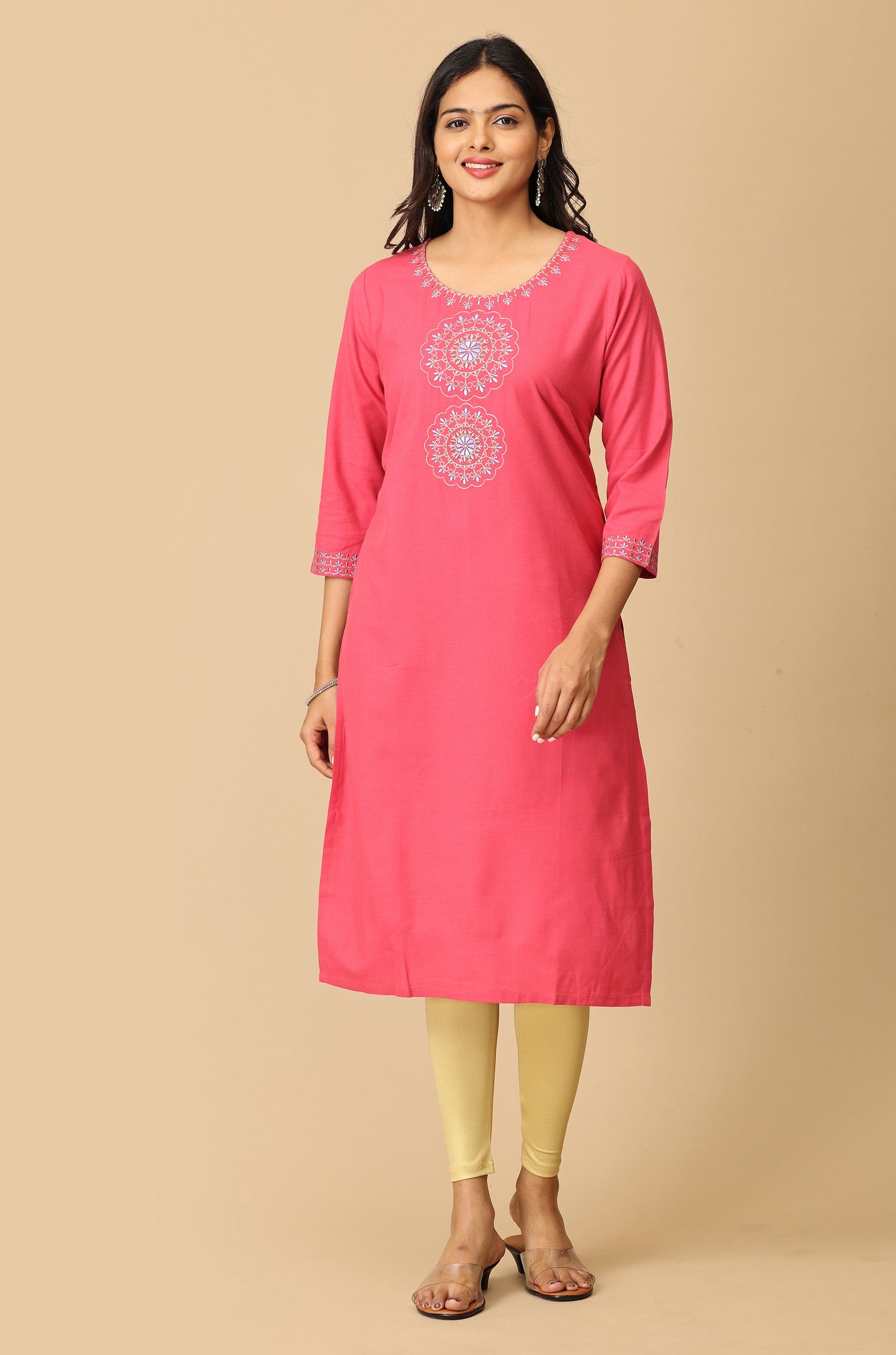 Pink Rayon Slub Embroidery Kurti