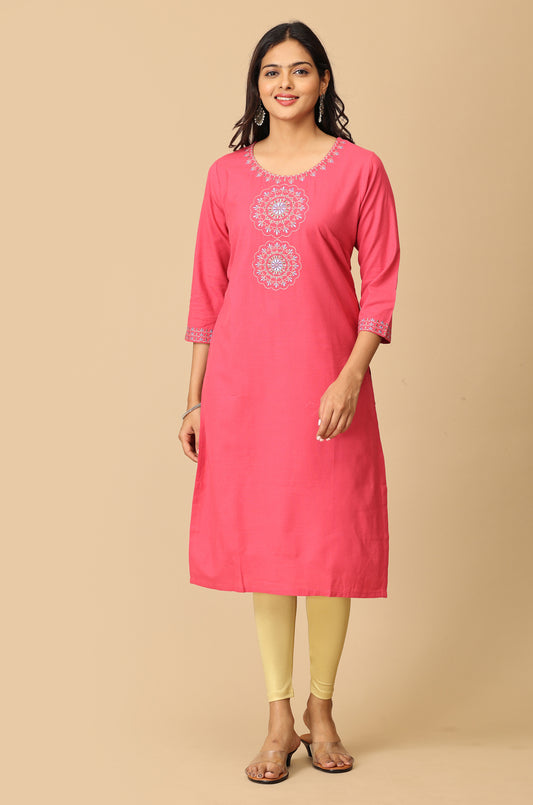 Pink Rayon Slub Embroidery Kurti
