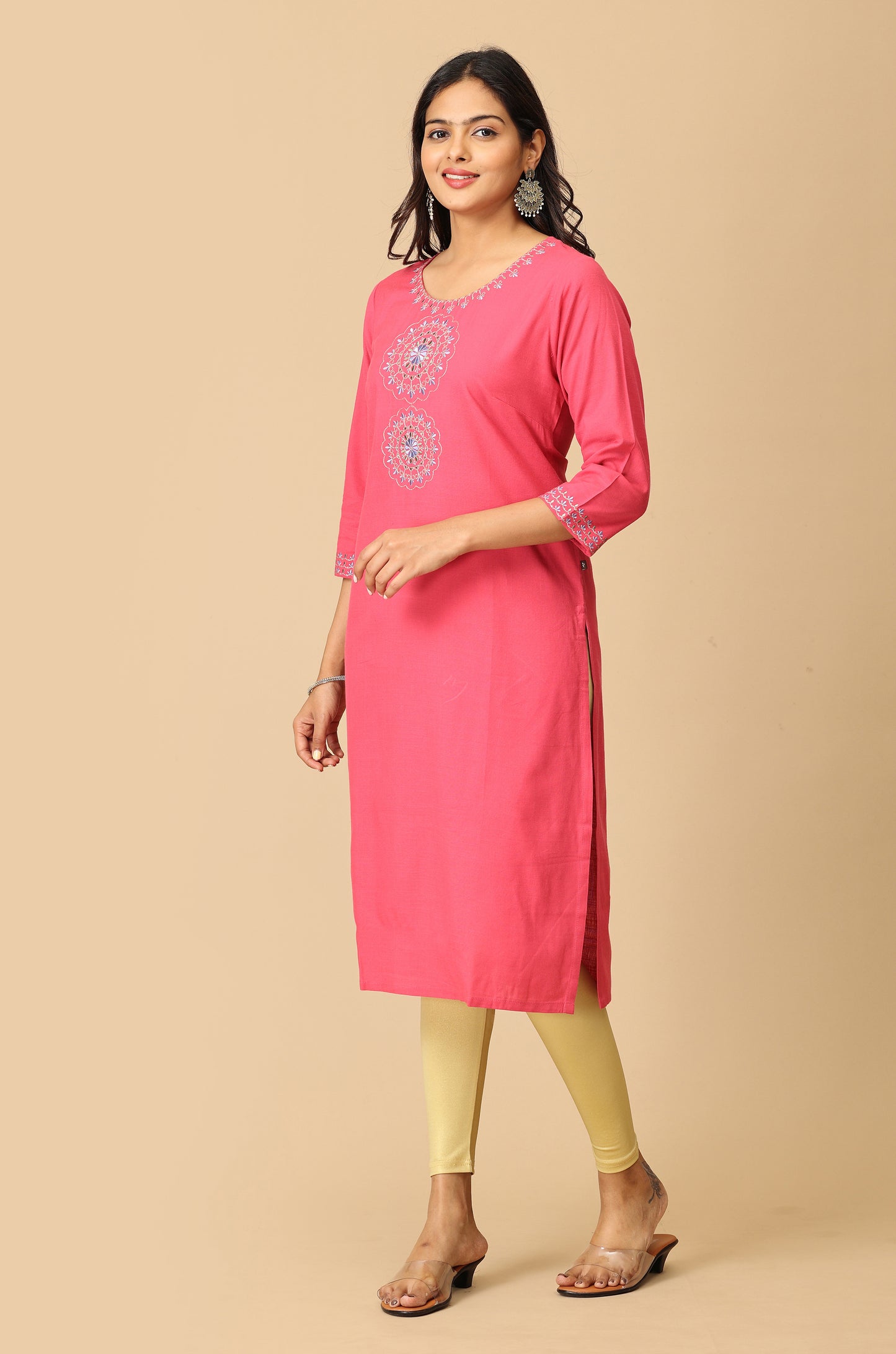 Pink Rayon Slub Embroidery Kurti