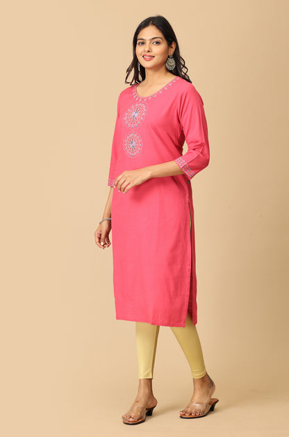 Pink Rayon Slub Embroidery Kurti