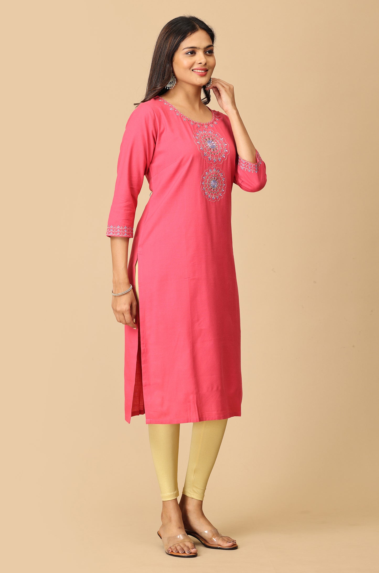 Pink Rayon Slub Embroidery Kurti