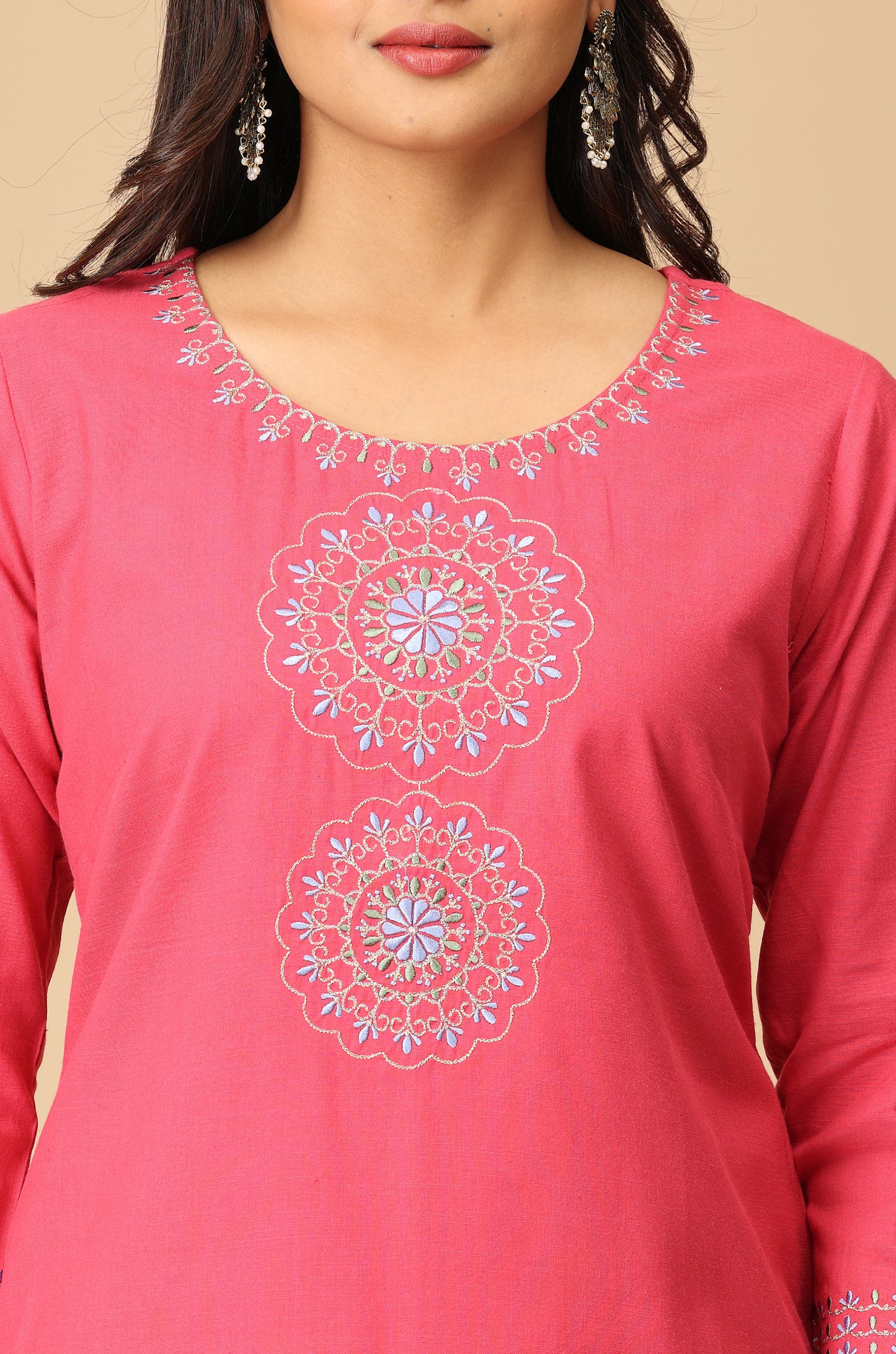 Pink Rayon Slub Embroidery Kurti