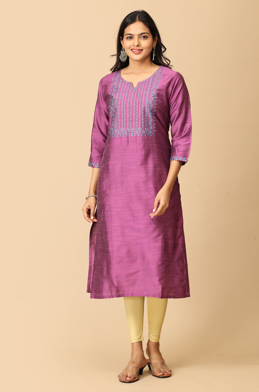 Mauve Slub Silk Straight Embroidery Kurti