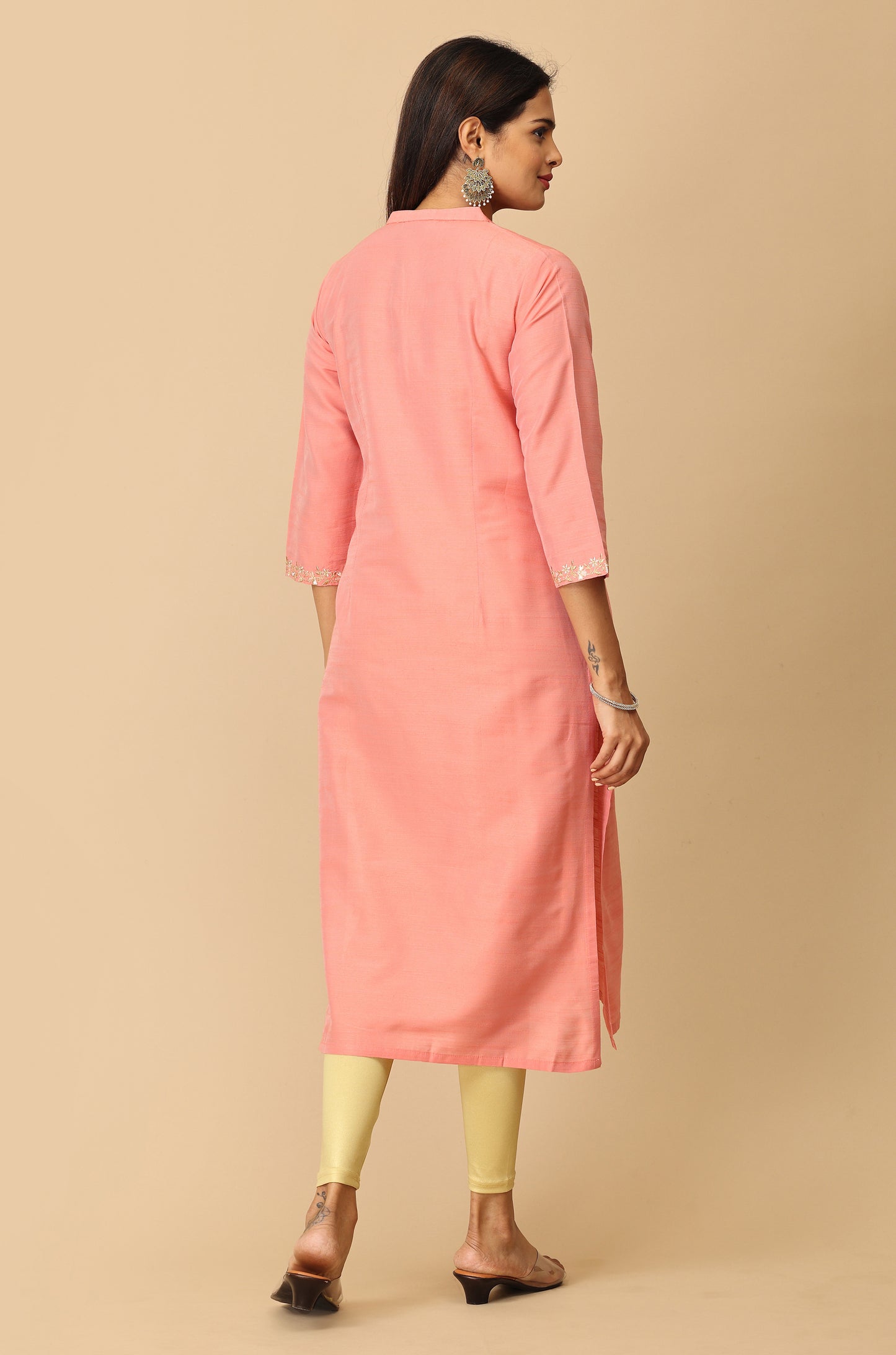 Peach Slub Silk Embroidery with Pocket