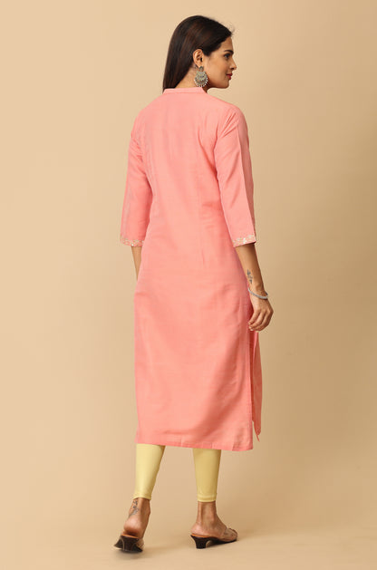 Peach Slub Silk Embroidery with Pocket