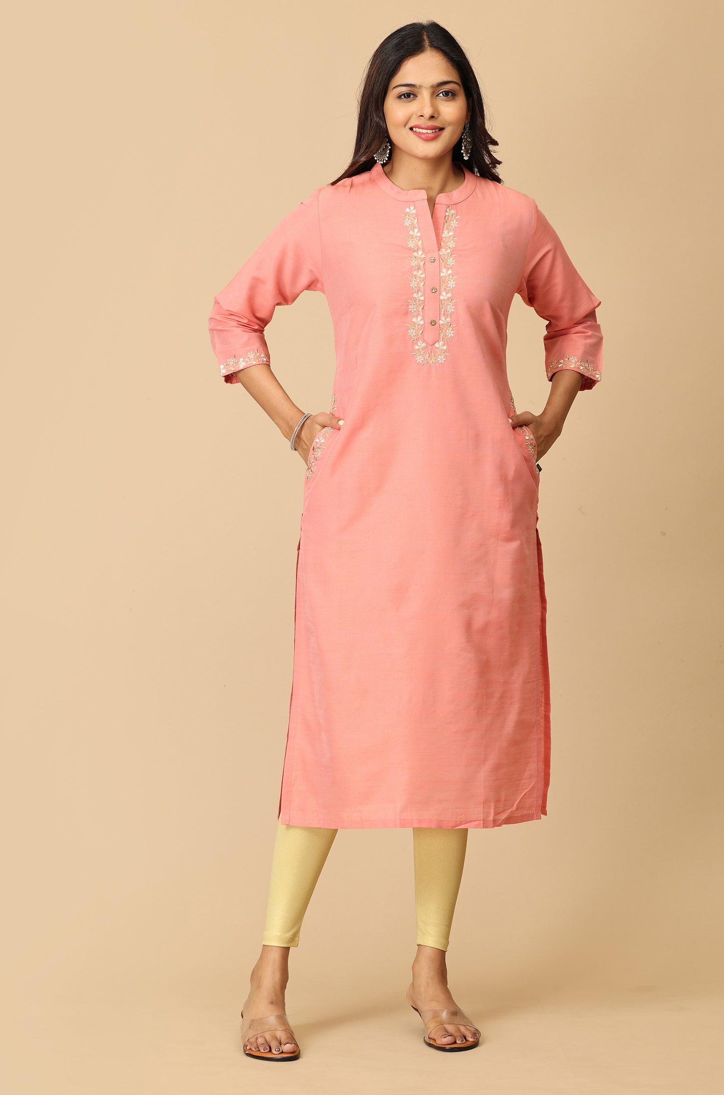 Peach Slub Silk Embroidery with Pocket